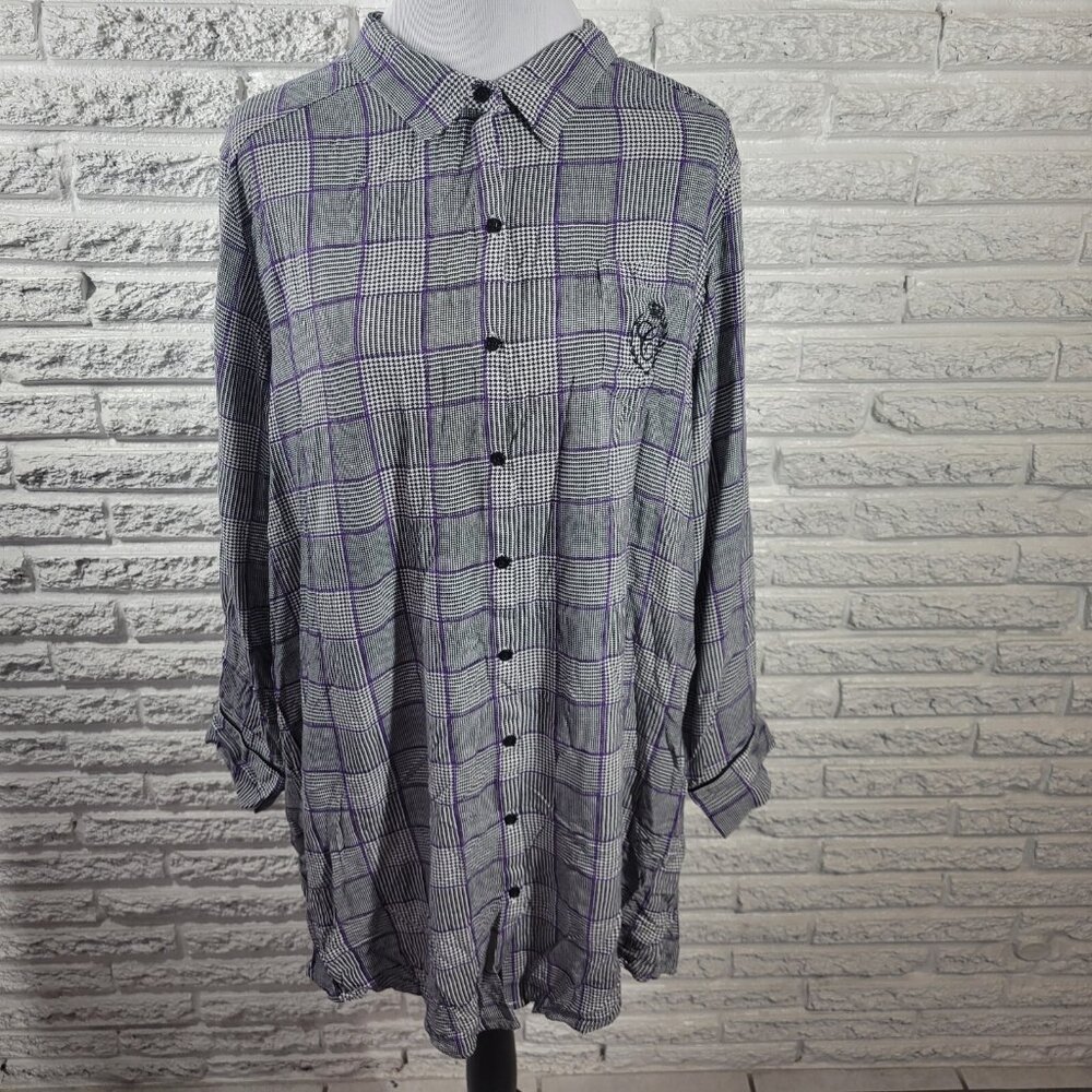 Chaps Womens Top XXL Black Plaid Houndstooth Rayon Collar Casual PLA71E